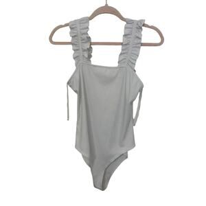 Entro White Ribbed Ruffled Tank Sleeveless Bodysuit Basic Casual Normcore Layer